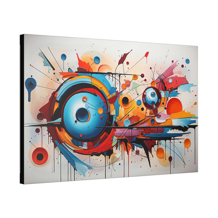 Abstract painting featuring vibrant circular shapes in blue, orange, and red, surrounded by dynamic splashes and drips of various colors on a white background. The composition is energetic and visually striking.