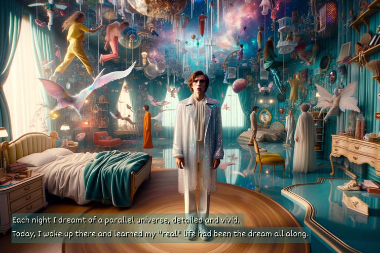 A person in a white robe stands in a vibrant, surreal room filled with floating objects, mythical creatures, and colorful lights. The setting is whimsical with an ethereal quality.