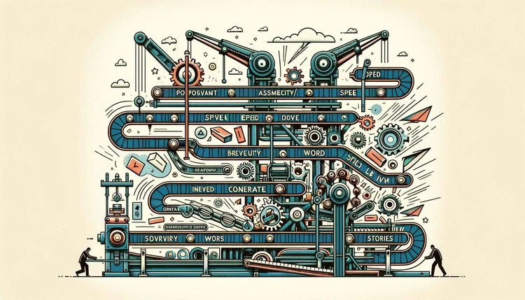 Complex machine creating 6-Word Stories, illustrating the brevity and depth of minimalist storytelling through intricate mechanical design.
