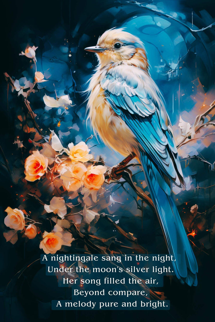 A colorful illustration of a nightingale perched on a branch with white and peach flowers against a vibrant blue, black, and orange background.