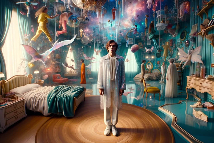 Person standing in a fantasy-themed room with mythical creatures and floating objects, representing the magical and surreal world of fantasy.