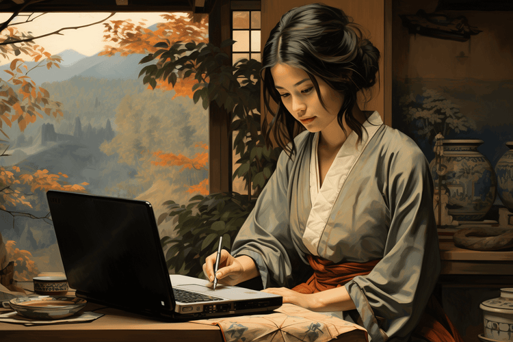 Woman in traditional clothing writing Haiku poetry on a laptop in a serene Japanese room.