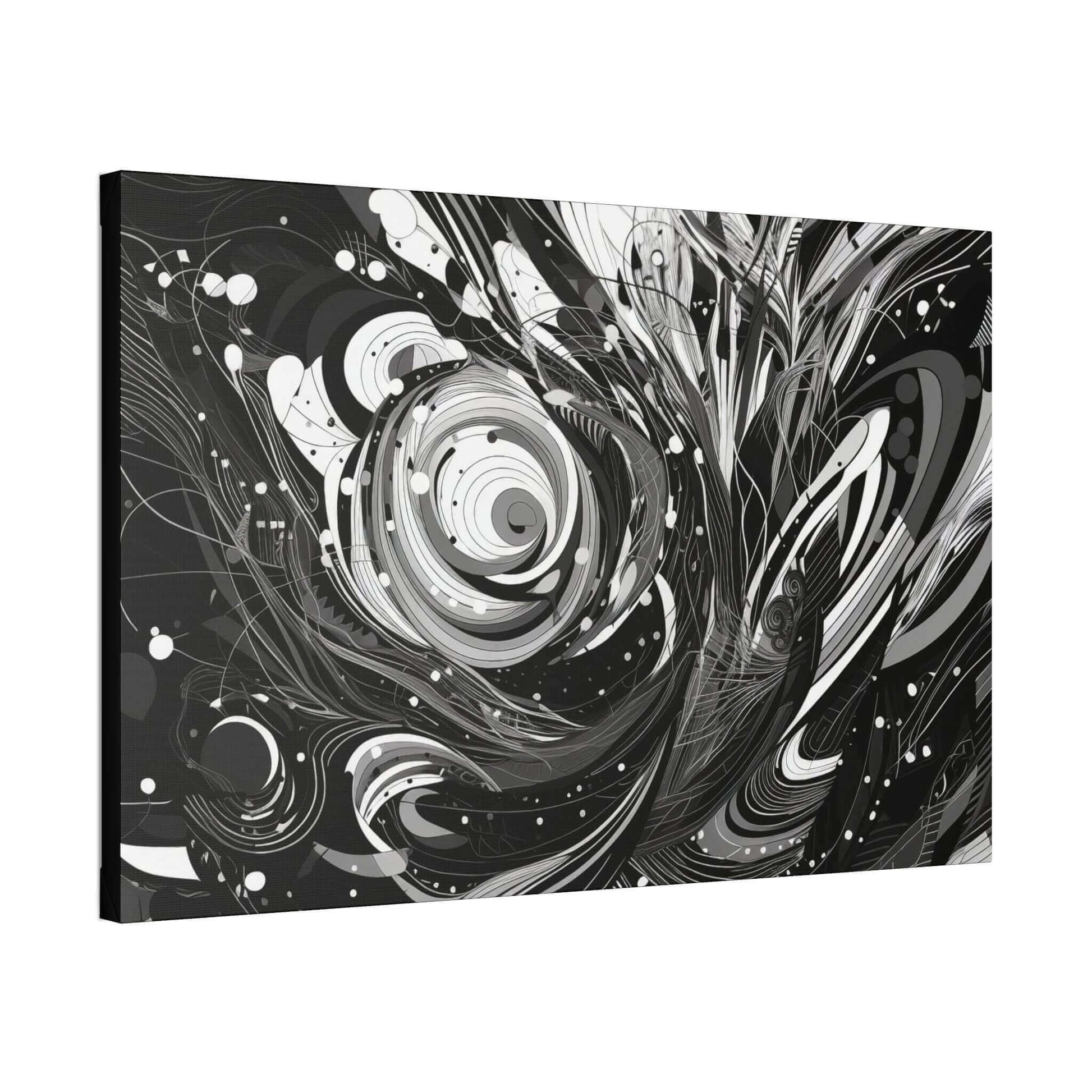 Vortex of Silence: Intricate Black & White Swirling Abstract Canvas Wall Art by Printify features swirling patterns, intricate detailing, curved lines, circles, and organic shapes, creating a sense of dynamic movement and depth.
