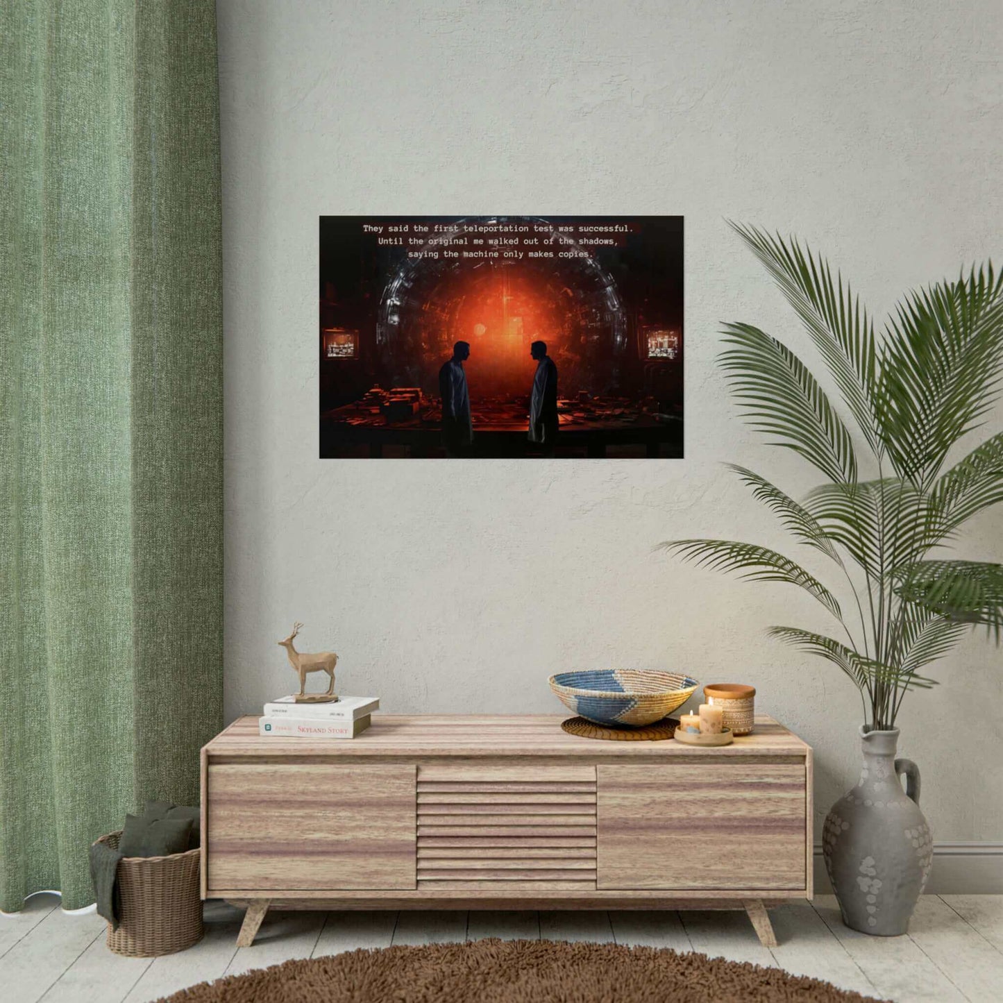 Product Data: Quantum Quandary: Riveting Sci-fi Horror Poster Wall Art with Sinister 2-Sentence Story by Printify
Two individuals in lab coats stand facing each other in a dimly lit laboratory filled with equipment. Behind them is a large, glowing circular structure. Text above reads: "They said the first teleportation experiment was successful. Until the original me walked out of the shadows, saying the machine only makes copies.