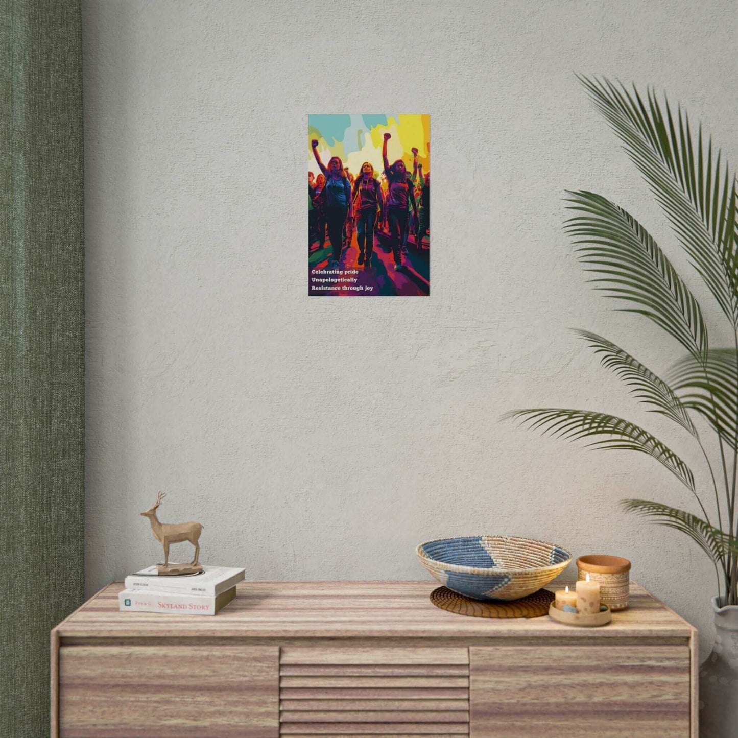 Poster of empowering resistance and pride celebration with vibrant individuals marching with raised fists, displayed on a minimalist wall.