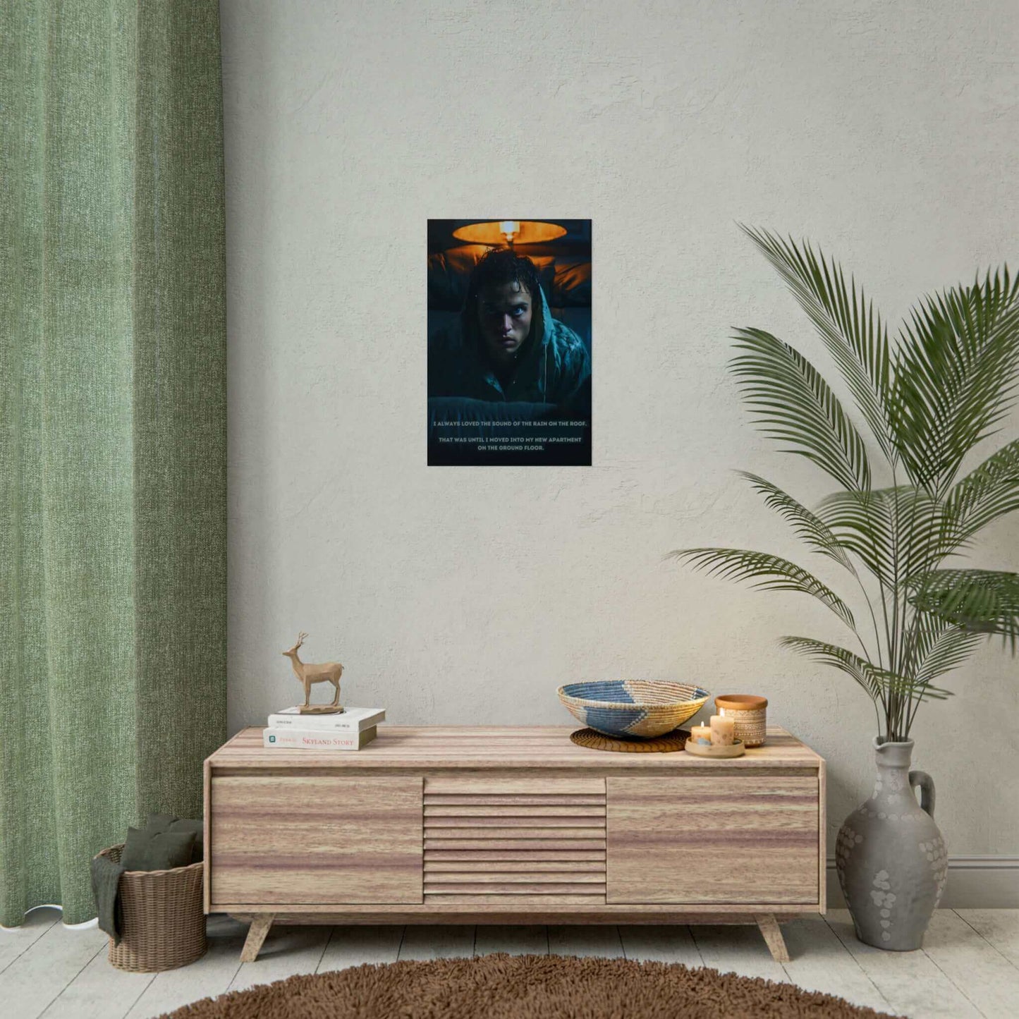 A person with wet hair, drenched in a hoodie, sits under a dim lamp with a fearful expression. Text at the bottom reads, "I always loved the sound of the rain on the roof. That was until I moved into my new apartment on the ground floor." This haunting moment is captured perfectly in Printify's "Dreadful Drizzle: Atmospheric Fear Poster Wall Art with Shocking 2-Sentence Horror Story.