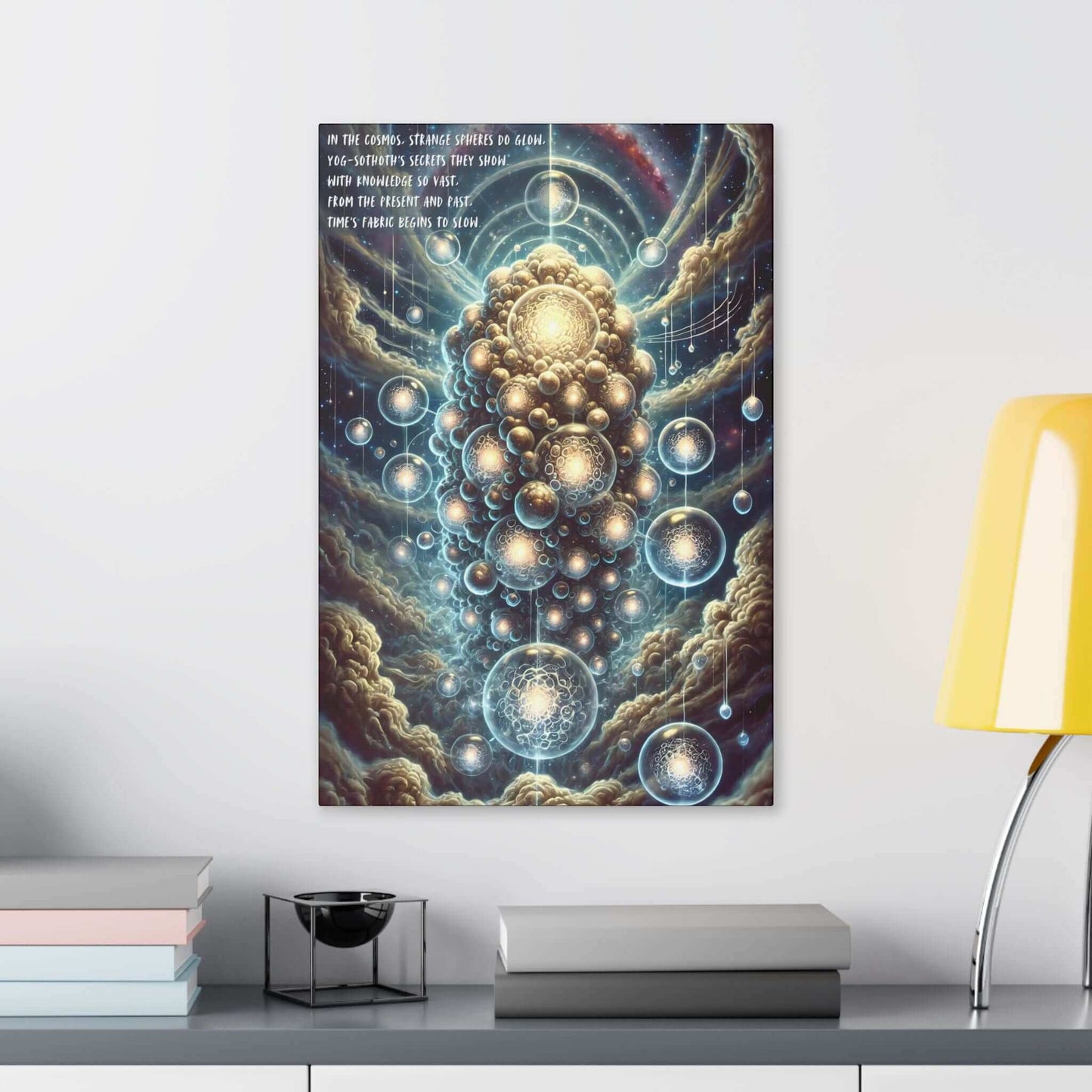 Cosmic Enigma: Ethereal Yog-Sothoth canvas wall art capturing Lovecraftian cosmic entity with glowing spheres and mysterious limerick.