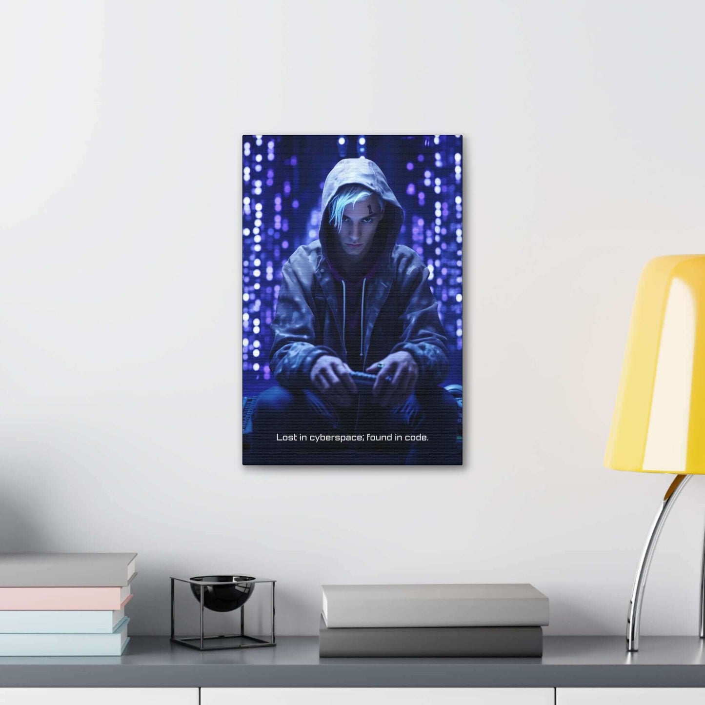 A person in a hoodie sits against a backdrop of blue and purple illuminated code, evoking cyberpunk artwork. They have light blue hair and are intensely focused on a small device they are holding. The text at the bottom reads: "Cyberspace Epiphany: Lost in cyberspace; found in code." This piece is the "Cyberspace Epiphany: Cyberpunk Canvas Wall Art with 6-Word Tech Story" by Printify.