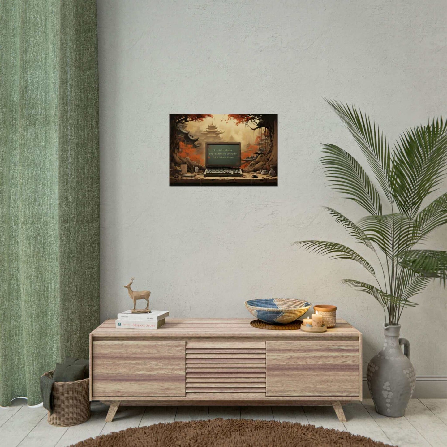 Silence after the Crash: Asian-Inspired Forest Temple Poster Wall Art with Astute Haiku