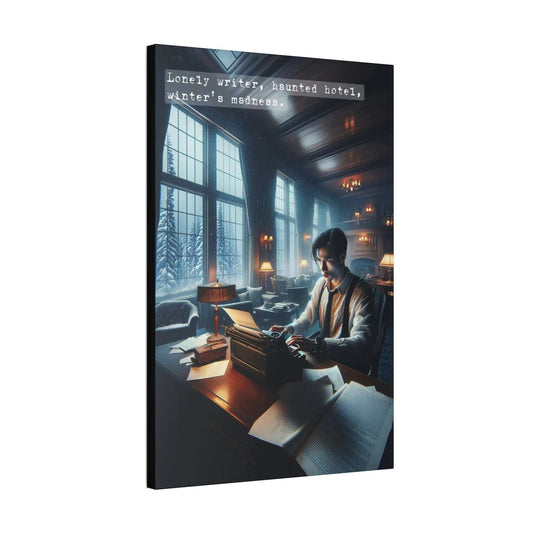 A person is sitting at a desk in a dimly lit room with large windows, typing on a typewriter. Papers and books are scattered on the desk. Snow can be seen outside. Text at the top reads, "Lonely writer, Victorian-inspired manor, Winter's Haunt," capturing the essence of Printify's "Winter's Haunt: 6-Word Story Canvas Wall Art about Lonely Writer in a Snowy Manor.