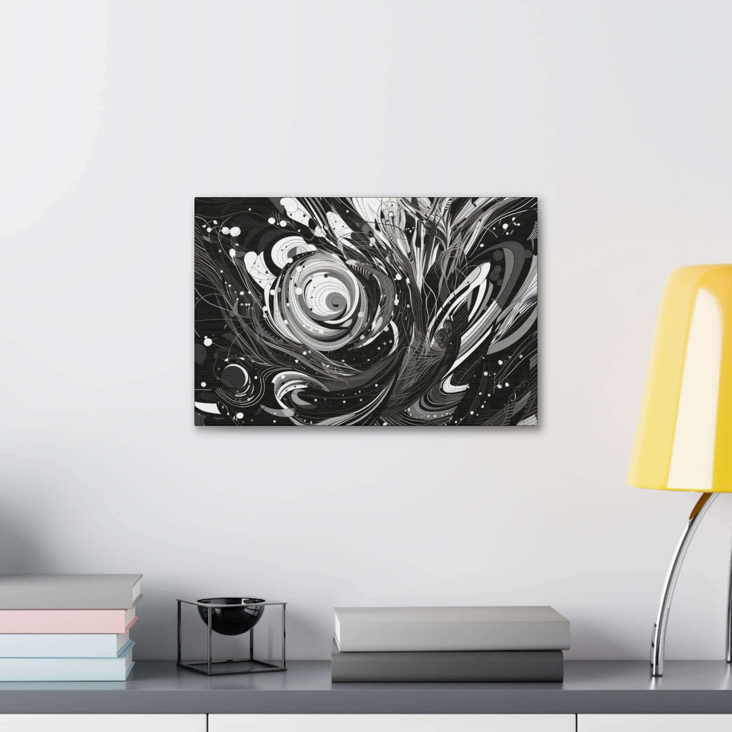 Vortex of Silence: Intricate Black & White Swirling Abstract Canvas Wall Art by Printify features swirling patterns, intricate detailing, curved lines, circles, and organic shapes, creating a sense of dynamic movement and depth.