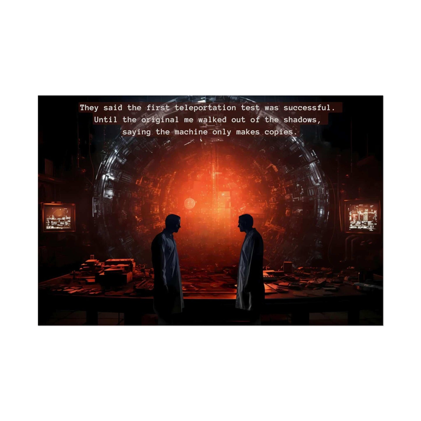 Product Data: Quantum Quandary: Riveting Sci-fi Horror Poster Wall Art with Sinister 2-Sentence Story by Printify
Two individuals in lab coats stand facing each other in a dimly lit laboratory filled with equipment. Behind them is a large, glowing circular structure. Text above reads: "They said the first teleportation experiment was successful. Until the original me walked out of the shadows, saying the machine only makes copies.