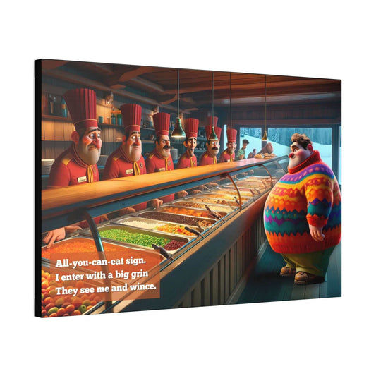 A lively depiction showcases a person sporting a colorful sweater at an all-you-can-eat buffet, standing opposite a lineup of chefs in red uniforms. The text on the artwork reads, "All-you-can-eat sign. I enter with a big grin. They see me and wince." This humorous piece from Printify's "Challenge Accepted" collection captures the moment perfectly on canvas and comes complete with a playful haiku.