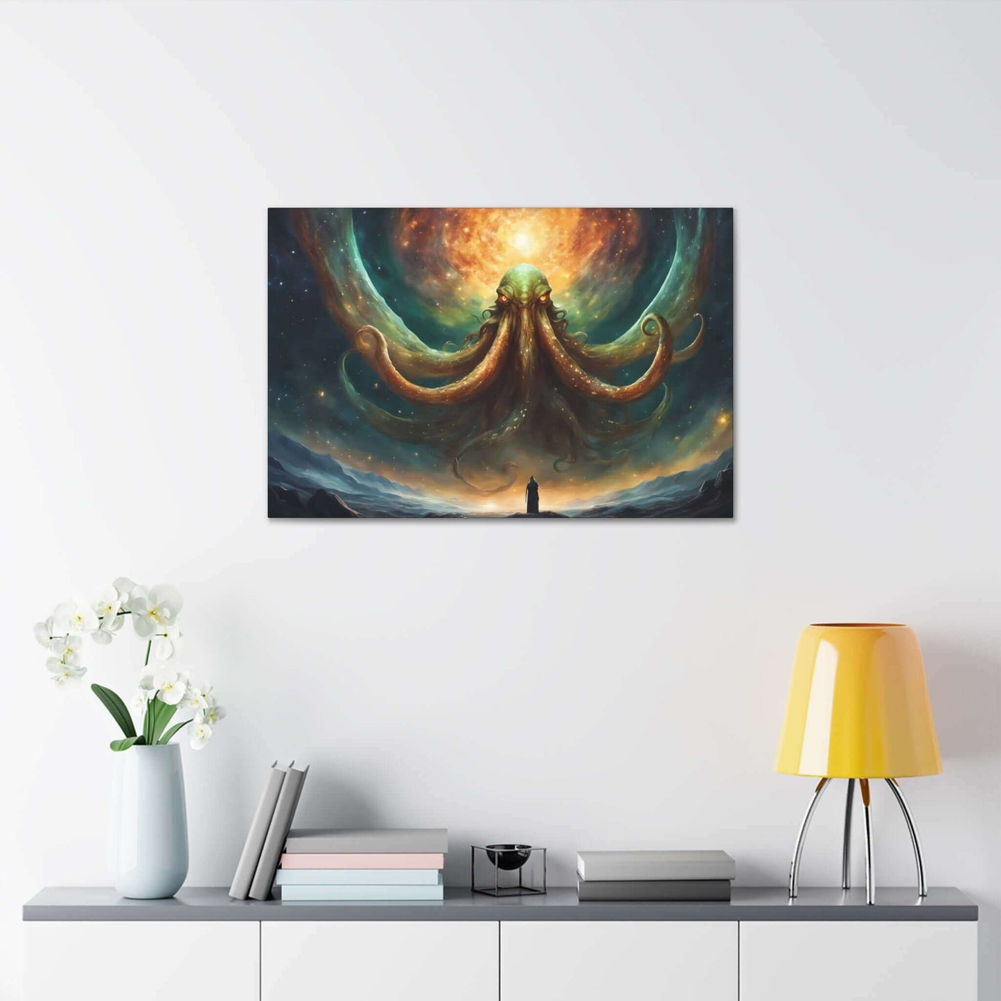 The painting "Cthulhu's Witness: Lovecraftian Night Sky Horror Canvas Wall Art" by Printify portrays a giant, mystical octopus-like creature with glowing eyes, emerging from a swirling cosmic background of vivid oranges and greens. A solitary figure stands atop a mountain, gazing up at the Lovecraftian fantasy being enveloped by a starry sky.
