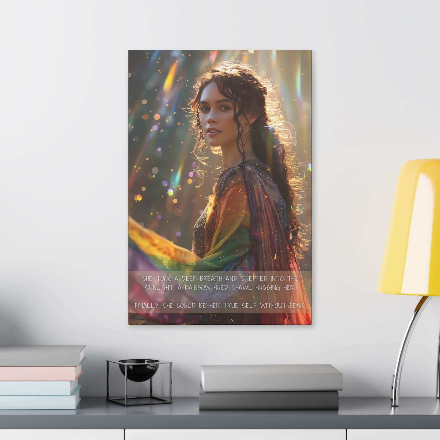 A woman stands outdoors in the sunlight, draped in a rainbow-colored shawl. Colorful light reflections surround her. Text on the image reads, "She took a deep breath and stepped into the sunlight, a rainbow-hued shawl hugging her True Colors." Finally, she could embrace self-expression without fear.
Product Data:
Product Name: True Colors: Radiant Gay Pride Canvas Wall Art | PR-2S-002c
Brand Name: Printify