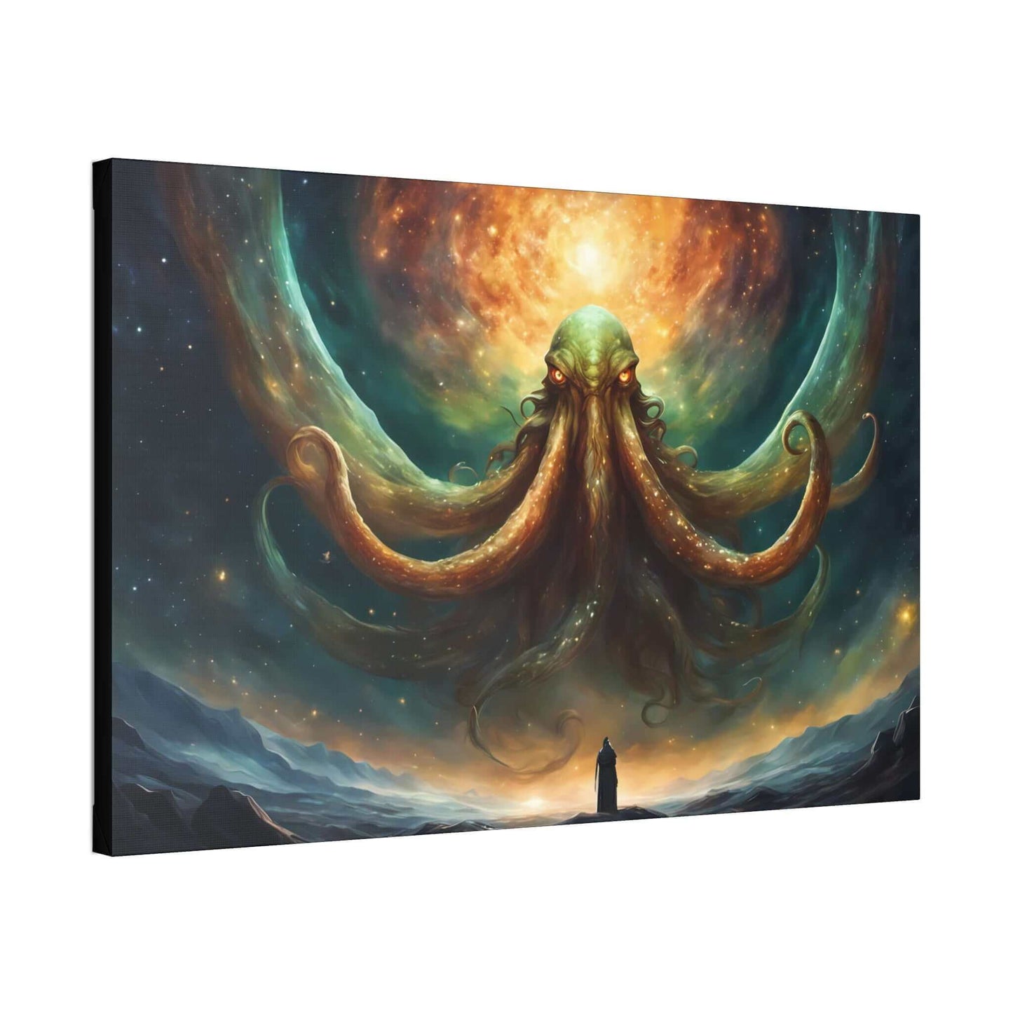 The painting "Cthulhu's Witness: Lovecraftian Night Sky Horror Canvas Wall Art" by Printify portrays a giant, mystical octopus-like creature with glowing eyes, emerging from a swirling cosmic background of vivid oranges and greens. A solitary figure stands atop a mountain, gazing up at the Lovecraftian fantasy being enveloped by a starry sky.