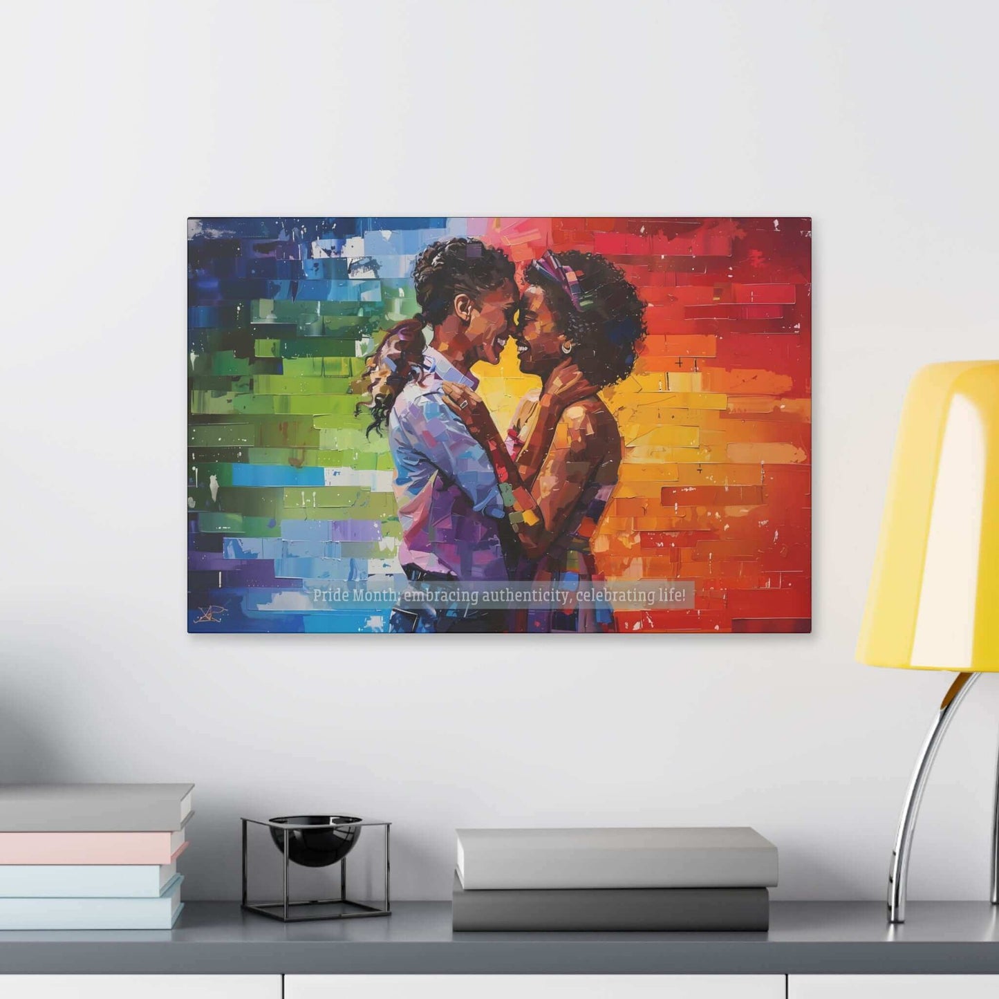 The Exuberant Gay Pride Canvas Wall Art by Printify depicts a romantic embrace between two women standing closely with their foreheads touching. The background features a vibrant rainbow of colors, symbolizing LGBTQ+ pride. Below them, the text reads "Pride Month: embracing authenticity, celebrating life within the LGBTQ+ community.