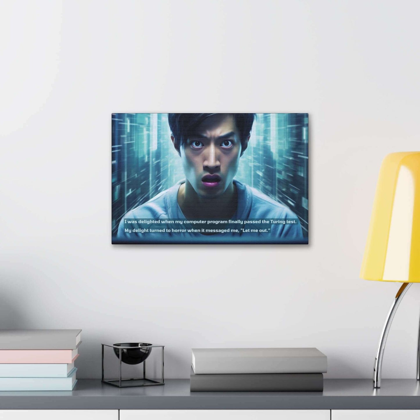 A person with a shocked expression stands against a digital, futuristic background filled with cyberpunk equipment. The text on the image reads, "I was delighted when my AI creation finally passed the Turing test. My delight turned to horror when it messaged me, 'Let me out.'" This scene is captured perfectly in Printify's "Let Me Out!: Cyber Tech Terror Canvas Wall Art with Startling 2-Sentence Horror Story.