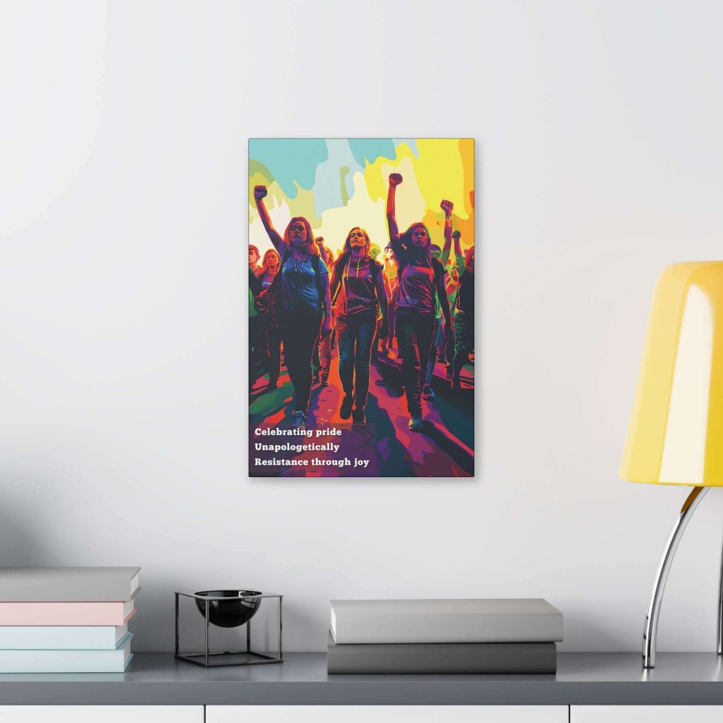Empowering Resistance Canvas Wall Art - individuals marching with fists raised, celebrating pride and unity, inspired by unapologetic haiku