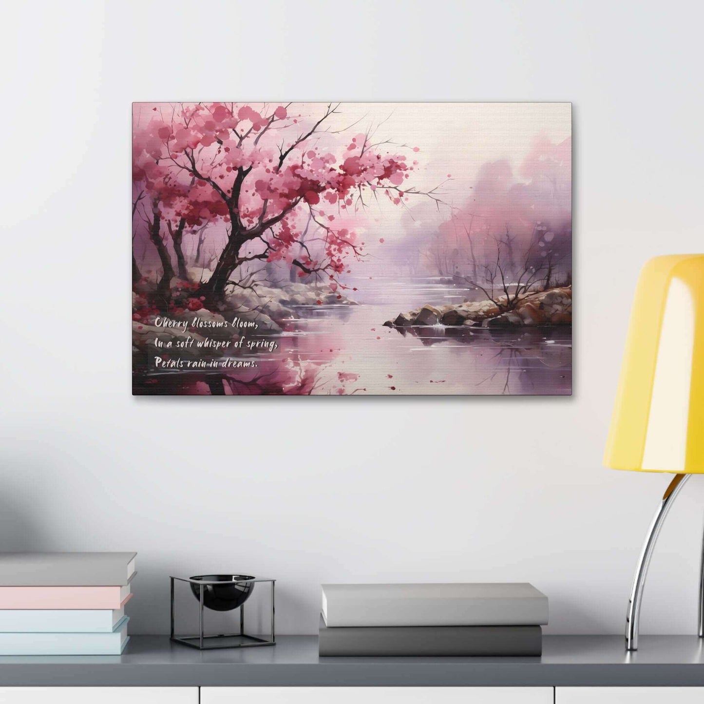 Whisper of Spring: Watercolor Cherry Blossom Haiku Inspired Canvas Wall Art