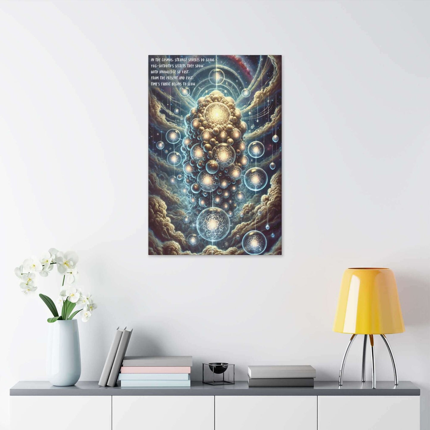 Cosmic Enigma: Ethereal Yog-Sothoth Canvas Wall Art capturing mysterious Lovecraftian entity with glowing spheres and cosmic aura above a modern desk.