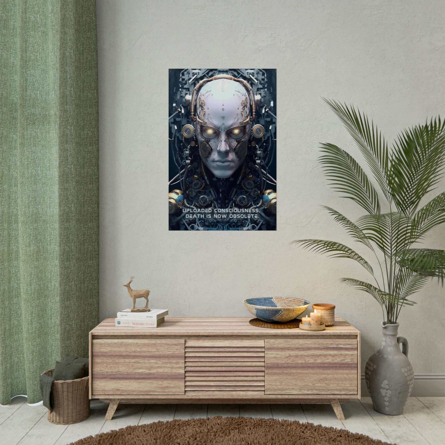 The Eternal Dawn: Hyper-Detailed Robot Wall Poster by Printify features a futuristic artwork of a humanoid robot with intricate circuitry and gears. The robot's eyes glow, surrounded by complex technological components. Text overlaid on the hyper-detailed rendering reads, "UPLOADED CONSCIOUSNESS: DEATH IS NOW OBSOLETE.