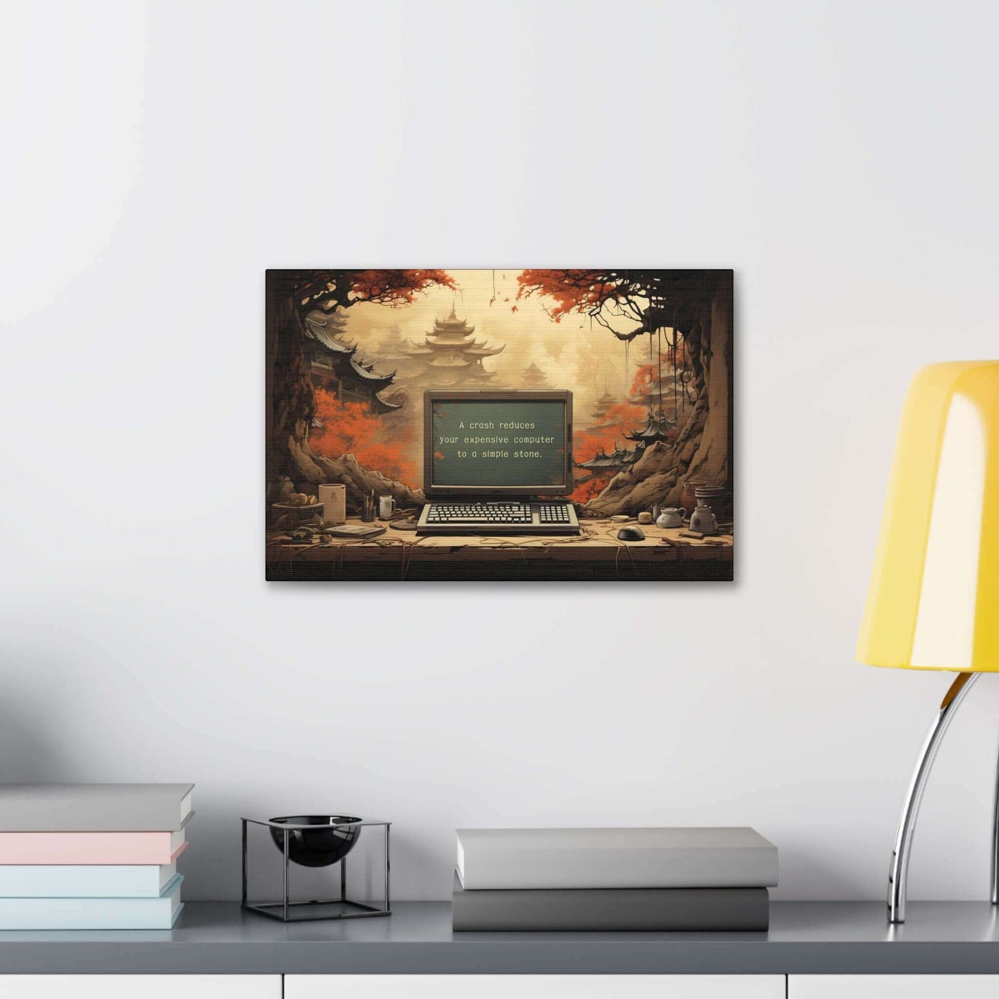 Silence after the Crash: Asian-Inspired Forest Temple Canvas Wall Art with Astute Haiku