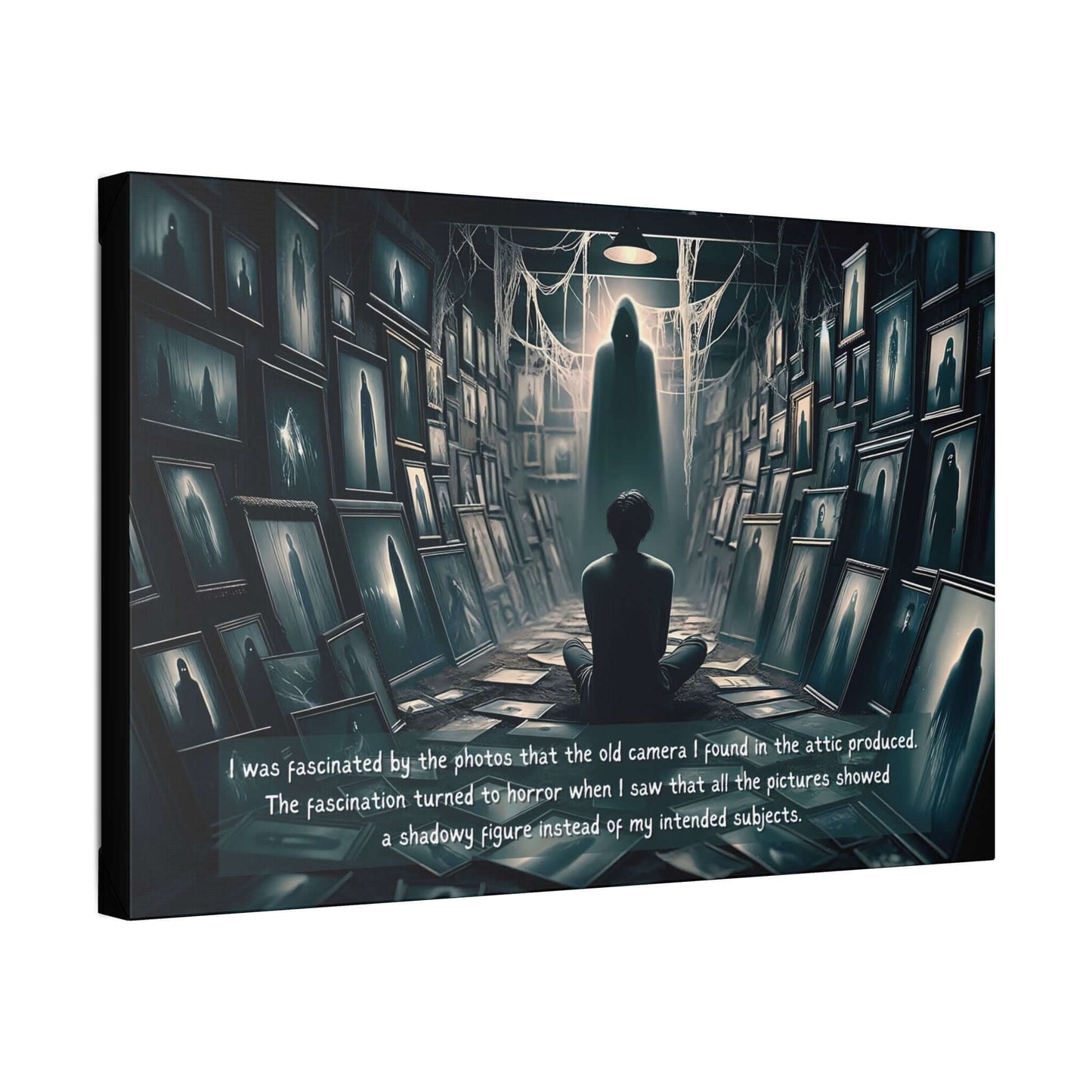 Gothic horror wall art "Lurking in the Lens" with shadowy figures in a dim attic, accompanied by a haunting two-sentence tale text.
