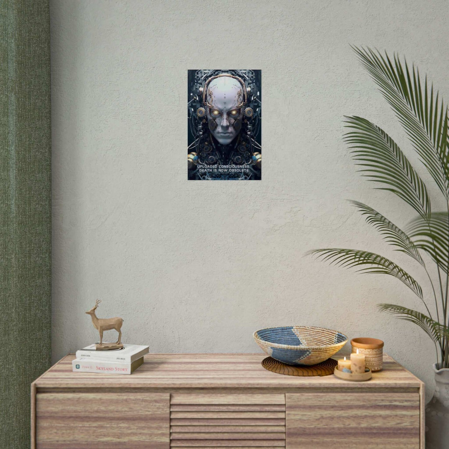 The Eternal Dawn: Hyper-Detailed Robot Wall Poster by Printify features a futuristic artwork of a humanoid robot with intricate circuitry and gears. The robot's eyes glow, surrounded by complex technological components. Text overlaid on the hyper-detailed rendering reads, "UPLOADED CONSCIOUSNESS: DEATH IS NOW OBSOLETE.