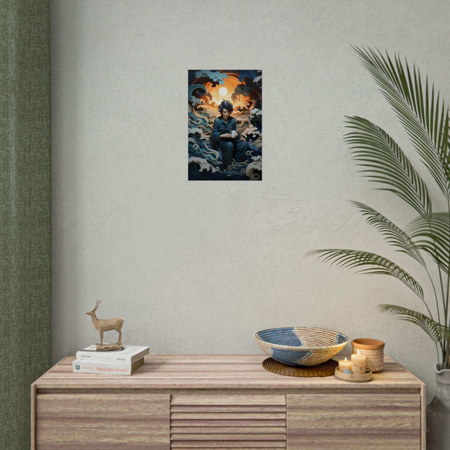 A person with black hair sits against a backdrop of swirling blue waves and clouds, holding a white mug. The scene is depicted in the "Contemplation on the Waves: Japanese-Inspired Layered Paper Fantasy Poster Wall Art" by Printify, stylized and artistic, with a large, glowing sun behind them, creating a surreal and dreamlike atmosphere.