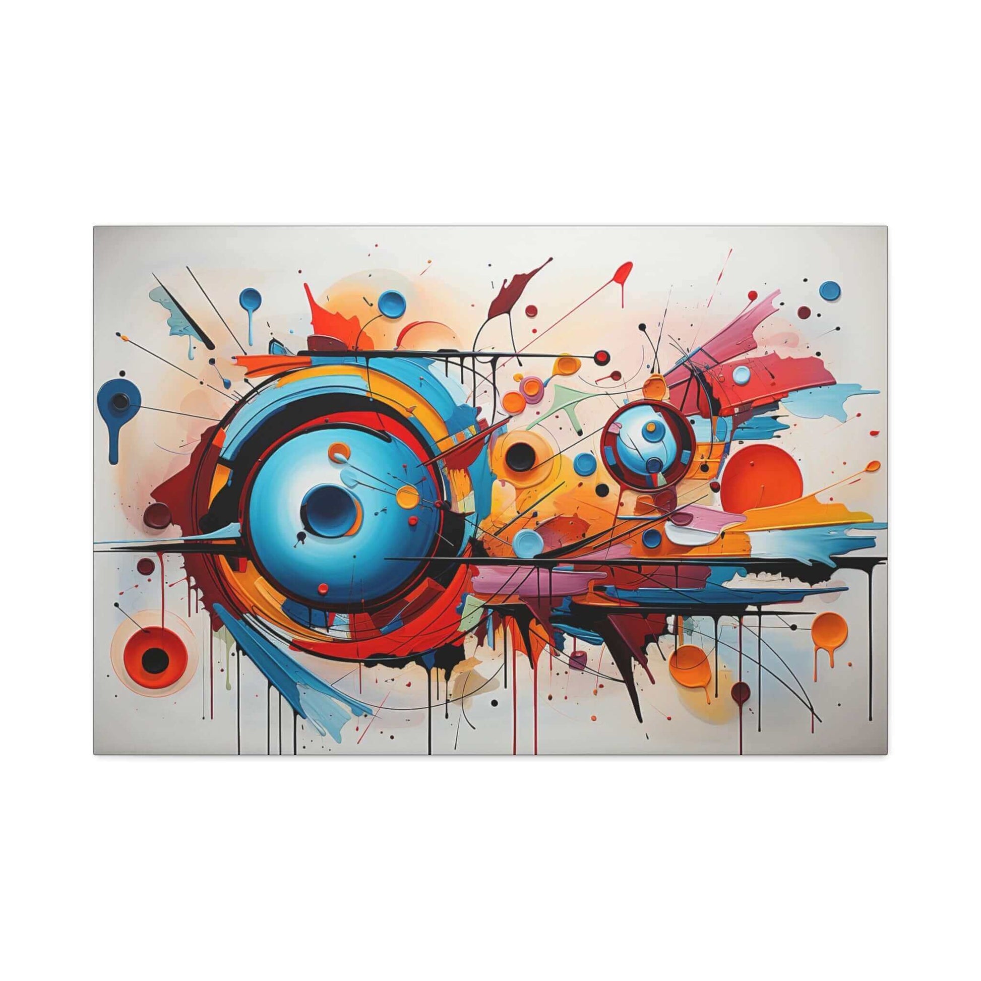 The Dynamic Graffiti Sphere Canvas Wall Art by Printify, titled "Abstract Spherical Explosion with Colorful Splashes," features an abstract expressionism painting with a dynamic composition. Circular forms in vibrant shades of blue, orange, and red dominate the center, surrounded by energetic splashes and drips of paint. This large-format piece creates a compelling sense of movement on a white background.