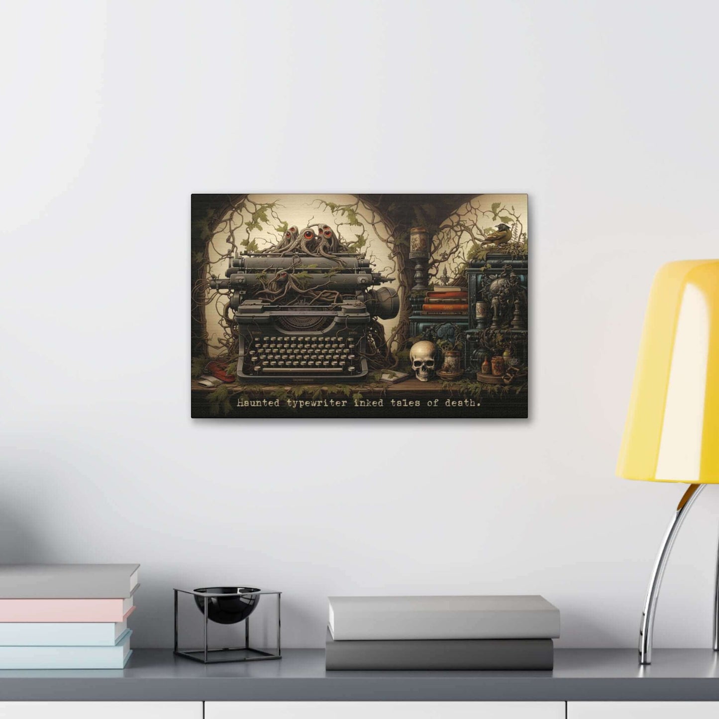 The "Tales of Death: Meticulously Detailed Gothic Typewriter Canvas Wall Art with 6-Word Story Art" by Printify showcases a spooky illustration of a haunted typewriter entwined with vines and tentacle-like objects. Haunted eyes peer from the vines, while nearby shelves hold a skull, books, and a perched raven. The words "Haunted typewriter inked Tales of Death" are written below in an eerie display of gothic art.