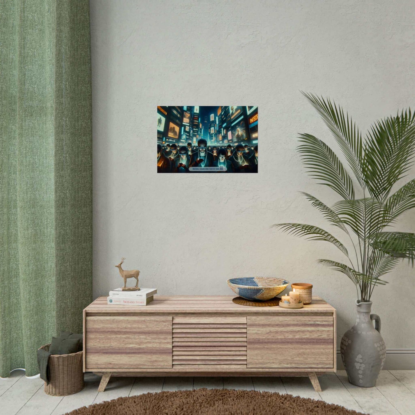The "Virtually Bound: Modern Tethers Poster Wall Art" by Printify, inspired by an ominous 6-word story, depicts a crowd in a neon-lit urban environment, all engrossed in their smartphones with blank expressions. The text at the bottom reads, "INVISIBLE CHAINS BIND TIGHTER THAN IRON." Billboards and digital screens adorn the buildings, emphasizing the digital realm. (6W-013p)