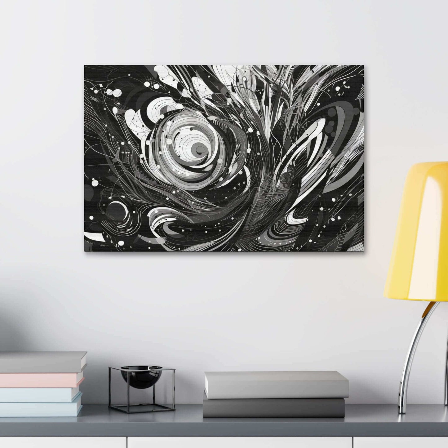 Vortex of Silence: Intricate Black & White Swirling Abstract Canvas Wall Art by Printify features swirling patterns, intricate detailing, curved lines, circles, and organic shapes, creating a sense of dynamic movement and depth.