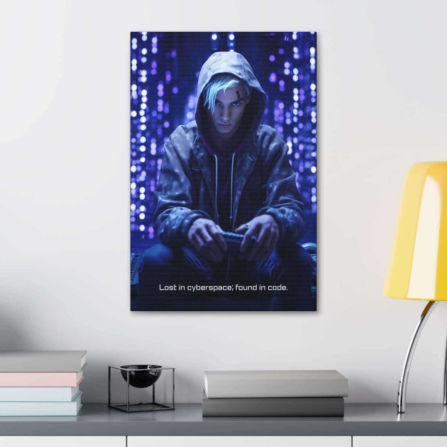 A person in a hoodie sits against a backdrop of blue and purple illuminated code, evoking cyberpunk artwork. They have light blue hair and are intensely focused on a small device they are holding. The text at the bottom reads: "Cyberspace Epiphany: Lost in cyberspace; found in code." This piece is the "Cyberspace Epiphany: Cyberpunk Canvas Wall Art with 6-Word Tech Story" by Printify.