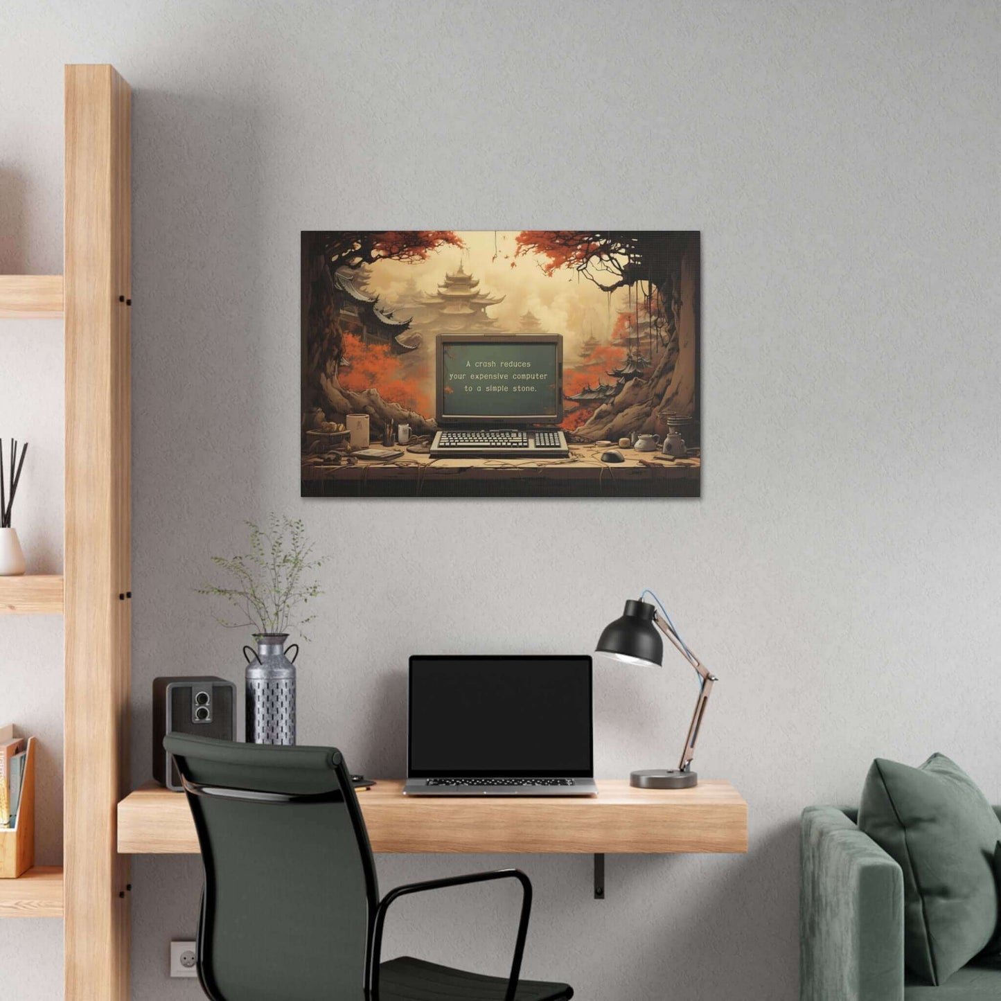 Silence after the Crash: Asian-Inspired Forest Temple Canvas Wall Art with Astute Haiku