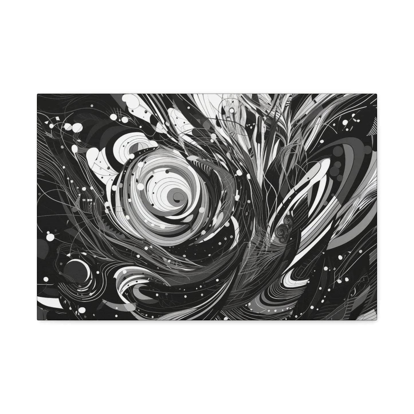 Vortex of Silence: Intricate Black & White Swirling Abstract Canvas Wall Art by Printify features swirling patterns, intricate detailing, curved lines, circles, and organic shapes, creating a sense of dynamic movement and depth.