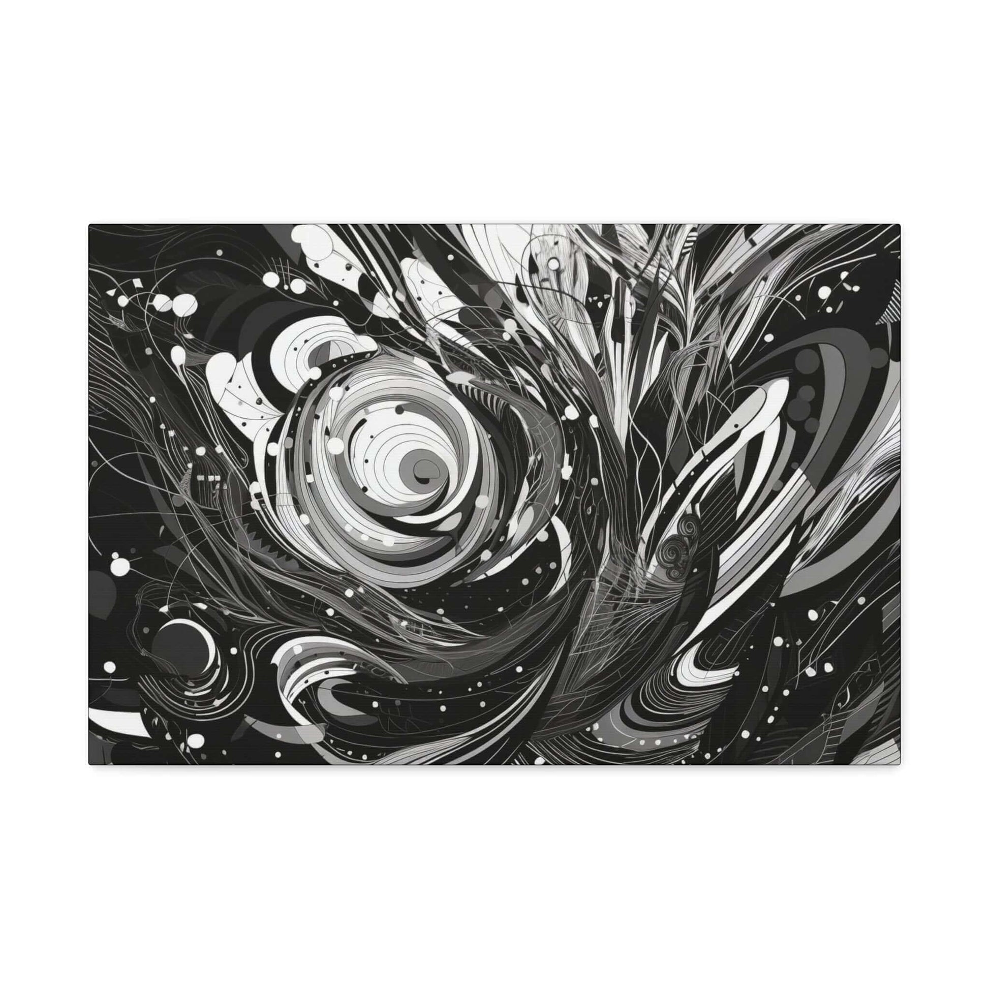 Vortex of Silence: Intricate Black & White Swirling Abstract Canvas Wall Art by Printify features swirling patterns, intricate detailing, curved lines, circles, and organic shapes, creating a sense of dynamic movement and depth.