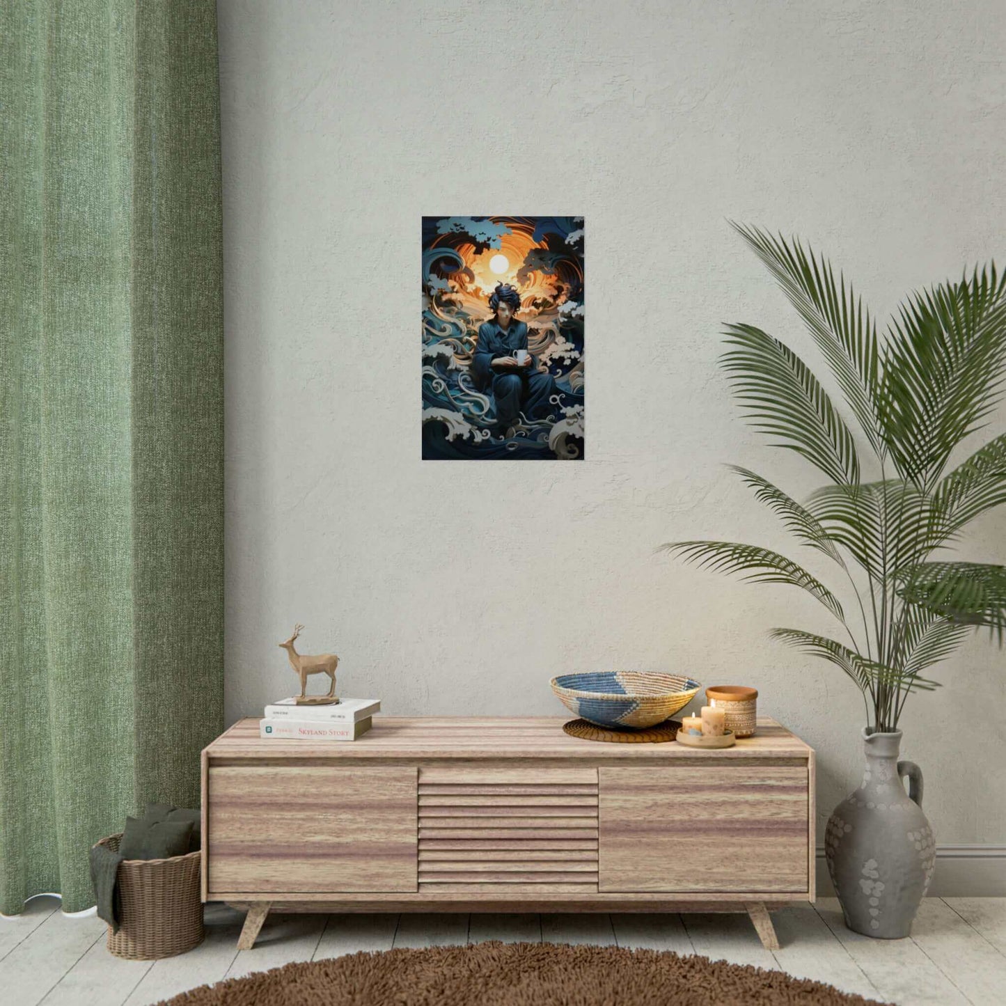 A person with black hair sits against a backdrop of swirling blue waves and clouds, holding a white mug. The scene is depicted in the "Contemplation on the Waves: Japanese-Inspired Layered Paper Fantasy Poster Wall Art" by Printify, stylized and artistic, with a large, glowing sun behind them, creating a surreal and dreamlike atmosphere.