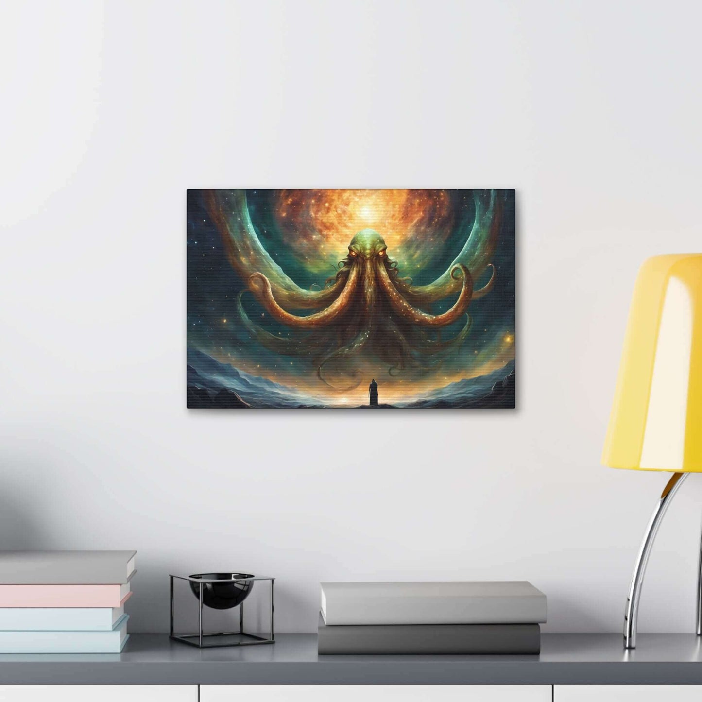 The painting "Cthulhu's Witness: Lovecraftian Night Sky Horror Canvas Wall Art" by Printify portrays a giant, mystical octopus-like creature with glowing eyes, emerging from a swirling cosmic background of vivid oranges and greens. A solitary figure stands atop a mountain, gazing up at the Lovecraftian fantasy being enveloped by a starry sky.