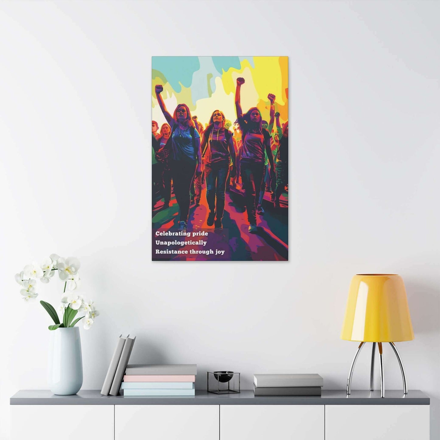 Empowering Resistance: Celebrating Pride Canvas Wall Art with vibrant individuals marching, fists raised high, embodying pride and joy.