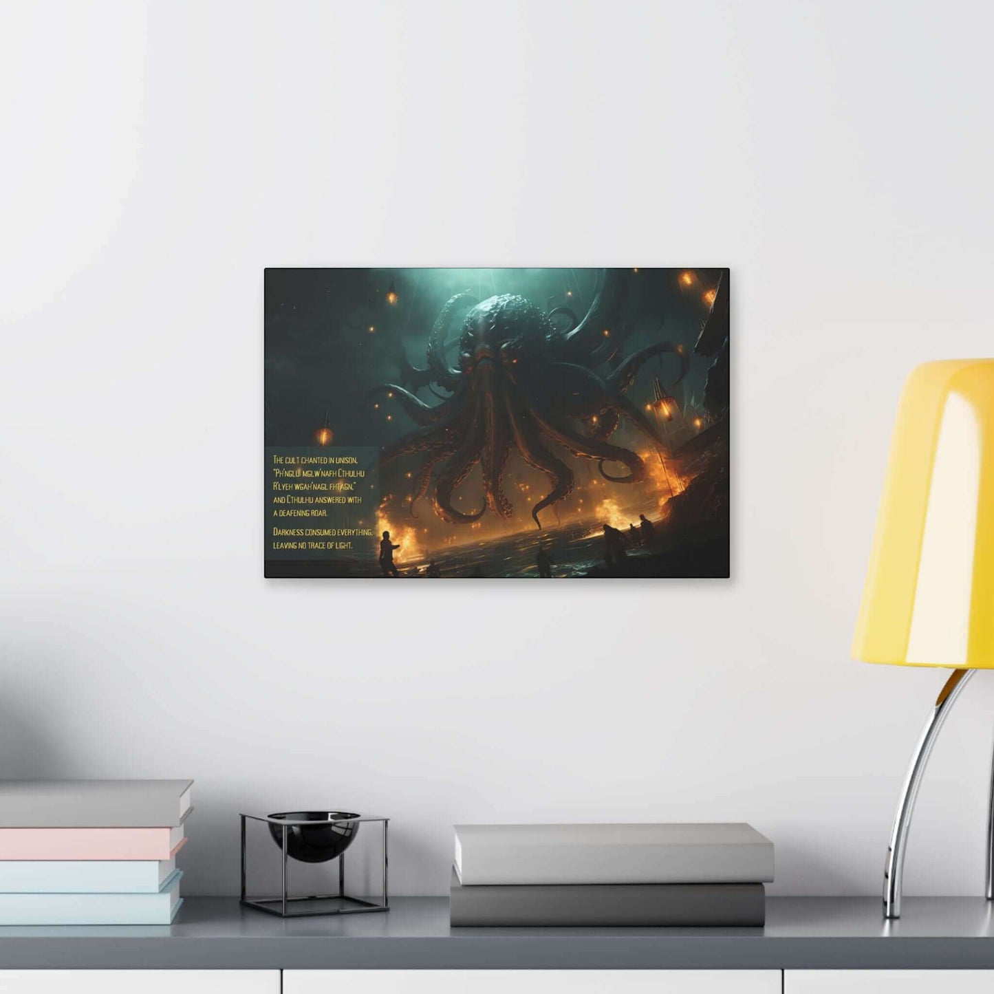 The Mesmerizing Cthulhu Canvas Wall Art by Printify illustrates a monstrous sea creature with tentacles rising from dark waters beneath glowing lanterns. Beside the creature, text reads: "The cult chanted in unison, 'Ph’nglui mglw’nafh Cthulhu R’lyeh wgah’nagl fhtagn.'" Inspired by a Lovecraftian 2-Sentence Story, Cthulhu's Awakening plunges all into cosmic horror.