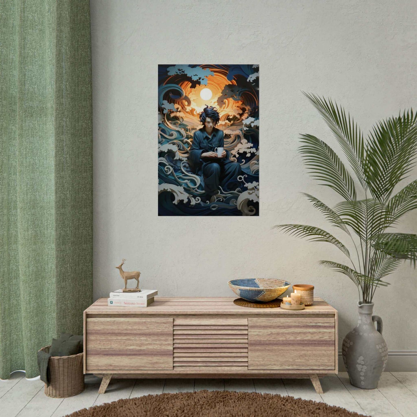 A person with black hair sits against a backdrop of swirling blue waves and clouds, holding a white mug. The scene is depicted in the "Contemplation on the Waves: Japanese-Inspired Layered Paper Fantasy Poster Wall Art" by Printify, stylized and artistic, with a large, glowing sun behind them, creating a surreal and dreamlike atmosphere.