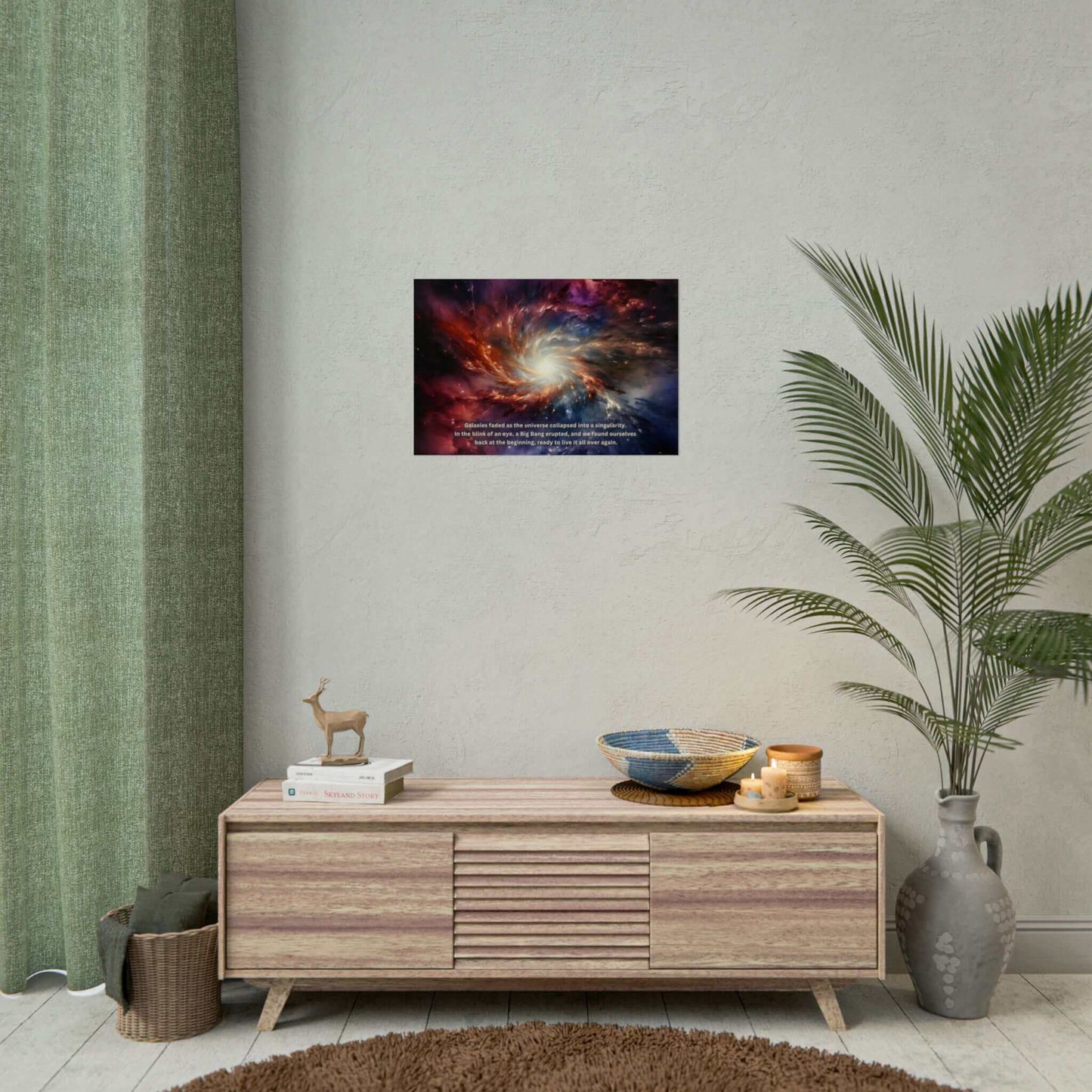 The Printify Cosmic Renaissance: Space Rebirth Wall Art Poster with Intriguing 2-Sentence Story features a swirling galaxy with vibrant colors of red, orange, blue, and white. At the center is a bright light, with text below reading: "Galaxies faded as the universe collapsed into a singularity. In the blink of an eye, a Big Bang erupted, and we found ourselves back at the beginning." Available on fine art photo paper.
