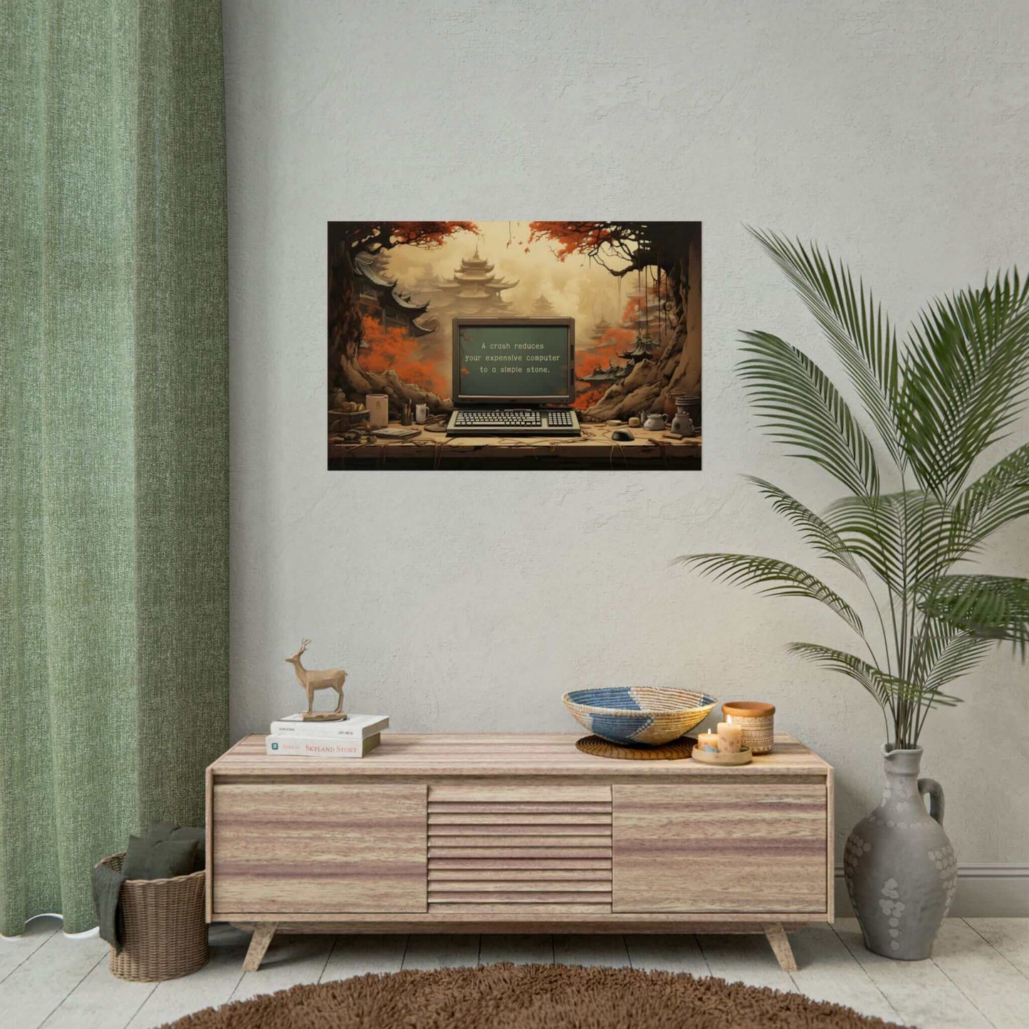 Silence after the Crash: Asian-Inspired Forest Temple Poster Wall Art with Astute Haiku