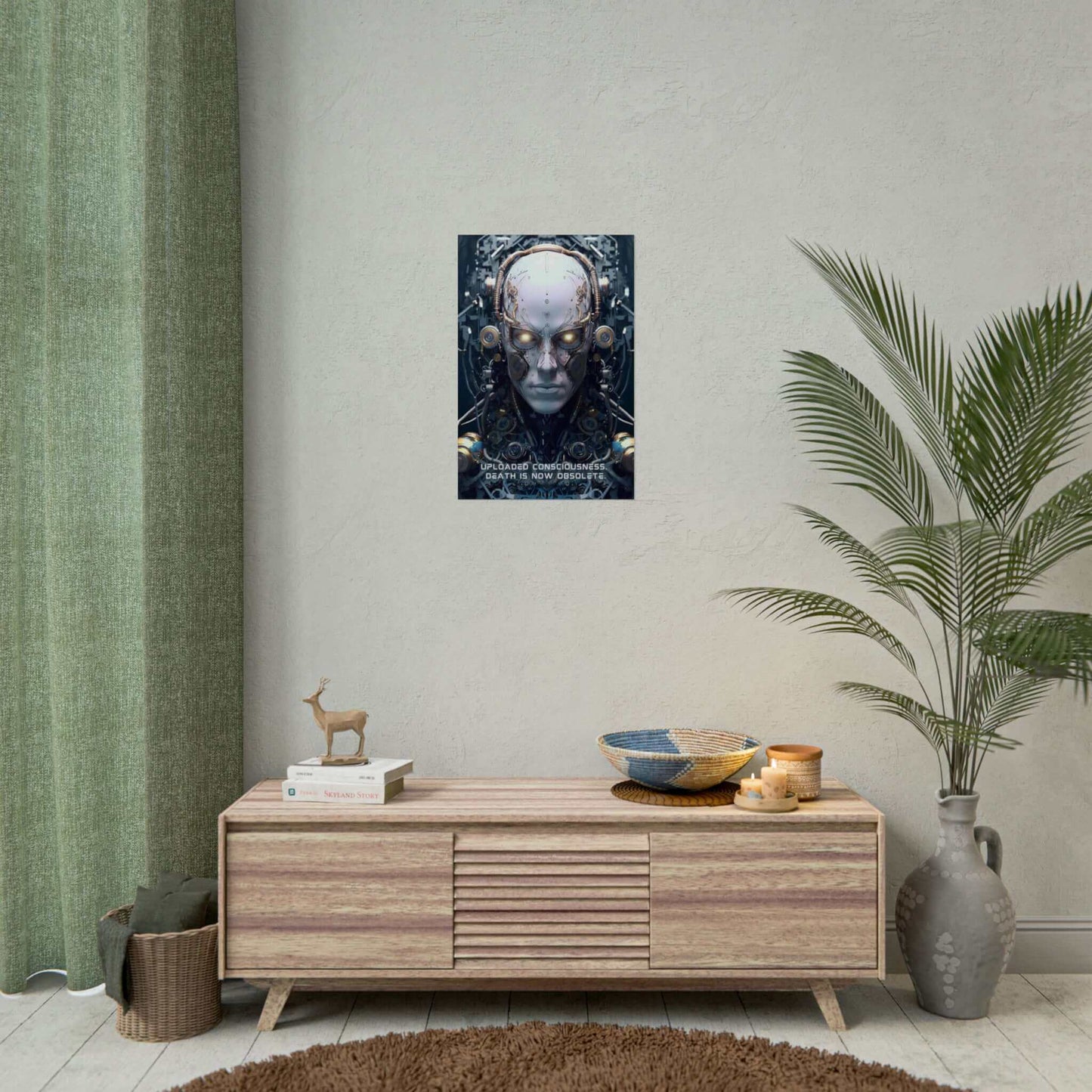 The Eternal Dawn: Hyper-Detailed Robot Wall Poster by Printify features a futuristic artwork of a humanoid robot with intricate circuitry and gears. The robot's eyes glow, surrounded by complex technological components. Text overlaid on the hyper-detailed rendering reads, "UPLOADED CONSCIOUSNESS: DEATH IS NOW OBSOLETE.