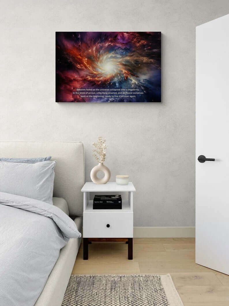 The Printify Cosmic Renaissance: Space Rebirth Wall Art Poster with Intriguing 2-Sentence Story features a swirling galaxy with vibrant colors of red, orange, blue, and white. At the center is a bright light, with text below reading: "Galaxies faded as the universe collapsed into a singularity. In the blink of an eye, a Big Bang erupted, and we found ourselves back at the beginning." Available on fine art photo paper.