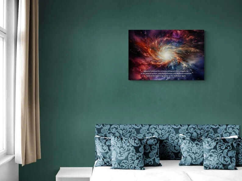 The Printify Cosmic Renaissance: Space Rebirth Wall Art Poster with Intriguing 2-Sentence Story features a swirling galaxy with vibrant colors of red, orange, blue, and white. At the center is a bright light, with text below reading: "Galaxies faded as the universe collapsed into a singularity. In the blink of an eye, a Big Bang erupted, and we found ourselves back at the beginning." Available on fine art photo paper.
