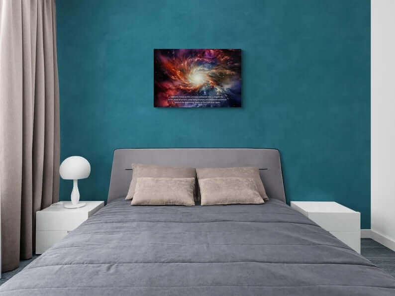 The Printify Cosmic Renaissance: Space Rebirth Wall Art Poster with Intriguing 2-Sentence Story features a swirling galaxy with vibrant colors of red, orange, blue, and white. At the center is a bright light, with text below reading: "Galaxies faded as the universe collapsed into a singularity. In the blink of an eye, a Big Bang erupted, and we found ourselves back at the beginning." Available on fine art photo paper.