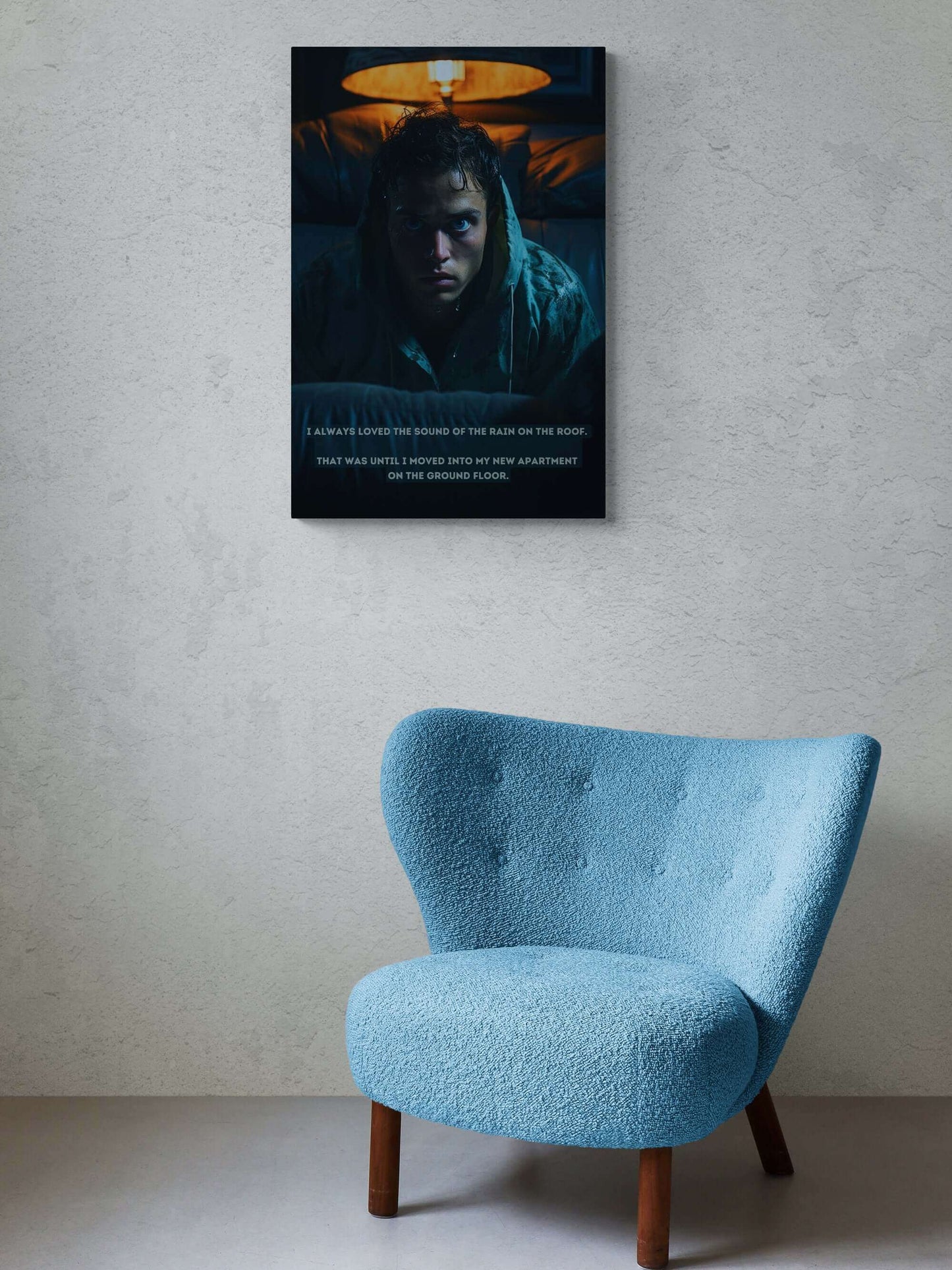 A person with wet hair, drenched in a hoodie, sits under a dim lamp with a fearful expression. Text at the bottom reads, "I always loved the sound of the rain on the roof. That was until I moved into my new apartment on the ground floor." This haunting moment is captured perfectly in Printify's "Dreadful Drizzle: Atmospheric Fear Poster Wall Art with Shocking 2-Sentence Horror Story.